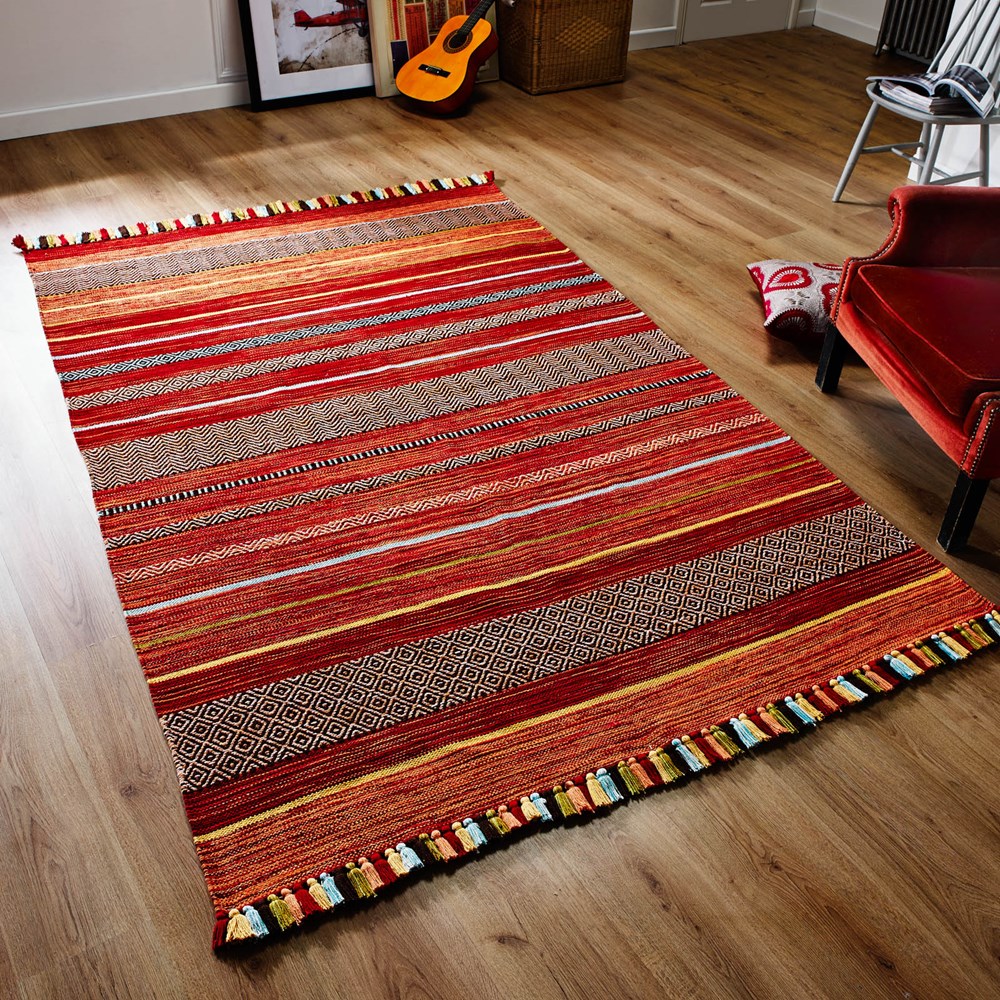 Kelim Striped Rugs in Red buy online from the rug seller uk